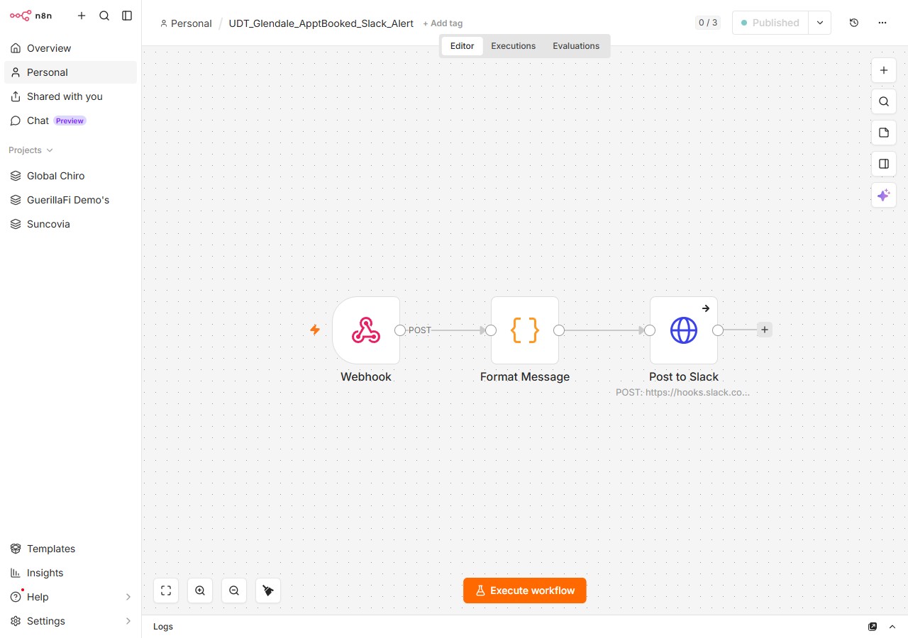UDT_Glendale_ApptBooked_Slack_Alert n8n canvas